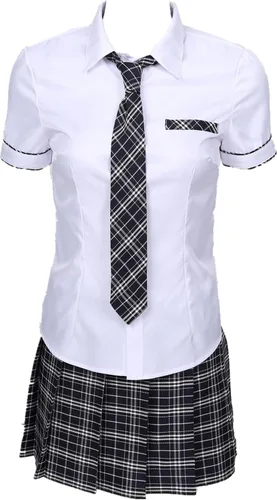 Vista 4 de easyforever Disfraz de colegiala para mujer, uniforme de cosplay, minifalda plisada con camisa de corbata Oxford