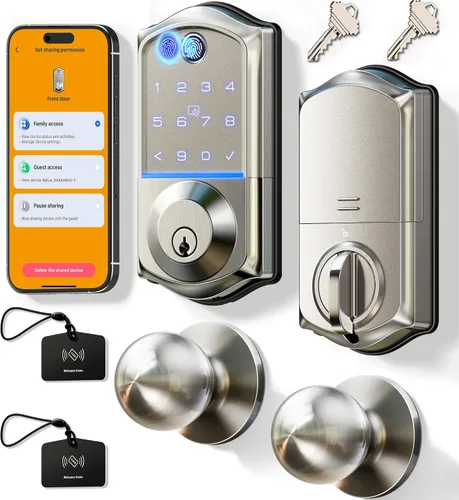 Vista 11 de Veise VE017-K - Cerradura inteligente de huellas dactilares con 2 perillas, control de aplicación, juego de cerradura de puerta delantera de entrada
