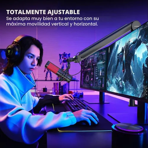 Vista 6 de Brazo de micrófono premium con soporte de escritorio, giratorio de 360°, totalmente ajustable, para podcast, video, juegos, radio, estudio