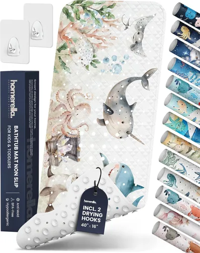 Vista 18 de Homerella - Alfombrilla de baño antideslizante y antideslizante para niños, 40 x 16 pulgadas, sin BPA, incluye 2 ganchos, tapete de ducha lavable