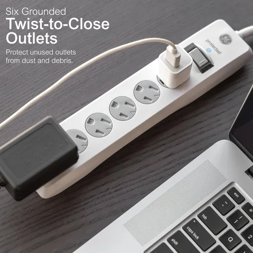 Vista 2 de GE Protector contra Sobretensiones con Regleta de Enchufes, Cable de Extensión de 4 Pies, Extensor de 6 Tomas, 800 Julios, Enchufe Plano, Cubiertas