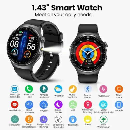 Vista 6 de Reloj inteligente de salud para mujeres y hombres, reloj de seguimiento de actividad física con pantalla de 1.43 pulgadas con frecuencia cardíaca