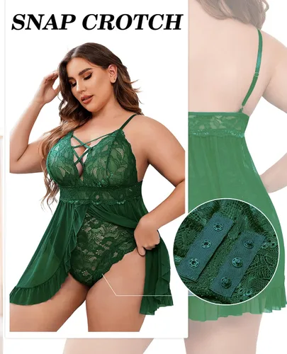 Vista 2 de Avidlove Lencería de talla grande para mujer, sexy, babydoll con entrepierna a presión, camisola de encaje, con volantes, talla L 4XL
