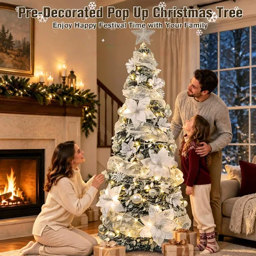 Vista 2 de Decoración de árbol de Navidad preiluminada de 6 pies con adornos Árbol artificial plegable con 150 luces LED cálidas, predecorado, fácil de montar