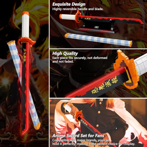 Vista 2 de HIGH GODO Demon - Juego de construcción de espada de anime Rengoku Kyoujurou de 27 pulgadas con vaina y soporte, juego de espada de anime