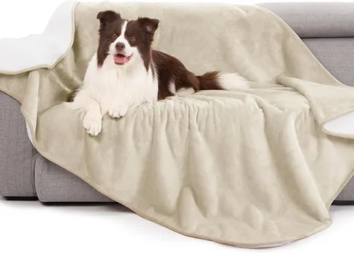 Vista 9 de gogobunny Manta de cama impermeable, manta reversible de forro polar Sherpa para perro, cachorro y gato, funda para muebles que protege la cama Beige