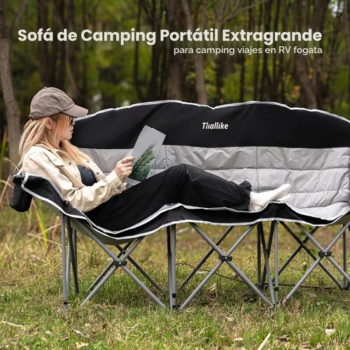 Vista 7 de Silla de camping doble – Sofá plegable para 2 – 3 personas al aire libre con portavasos y soportes para copas de vino – Sofá de dos plazas de gran