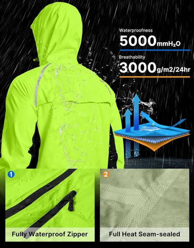 Vista 3 de Bikewa - Chaqueta de lluvia para hombre, impermeable, para ciclismo, con capucha, ligera, plegable, cortavientos para bicicleta, chaqueta de running