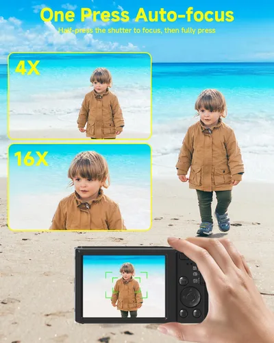 Vista 3 de Cámara digital 4K para adolescentes con enfoque automático de zoom de 16X, pequeña cámara portátil compacta para apuntar y disparar