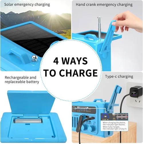Vista 3 de Radio solar de emergencia con manivela, NOAA/AM/FM con linterna LED y lámpara de lectura, USB tipo C/carga solar/manivela, altavoz Bluetooth, alarma