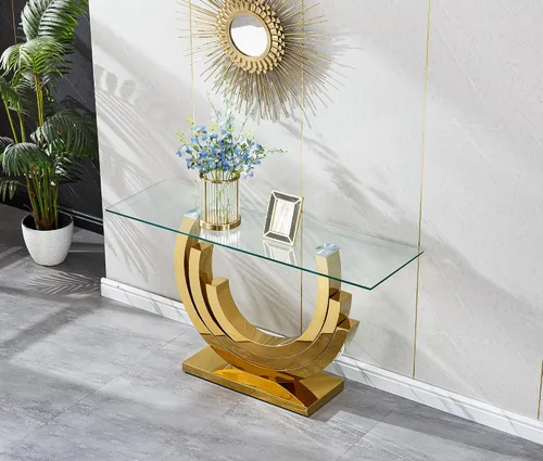 Vista 10 de SSLine Mesa consola moderna de lujo, mesa rectangular de cristal para entrada de pasillo, sala de estar, almacenamiento de 2 niveles, diseño