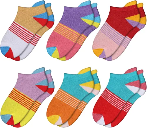 Vista 7 de Comfoex Calcetines para niñas de 4 a 6, 6 a 8, 8 a 10 años, calcetines cortos de algodón atléticos con suela acolchada, 6 pares