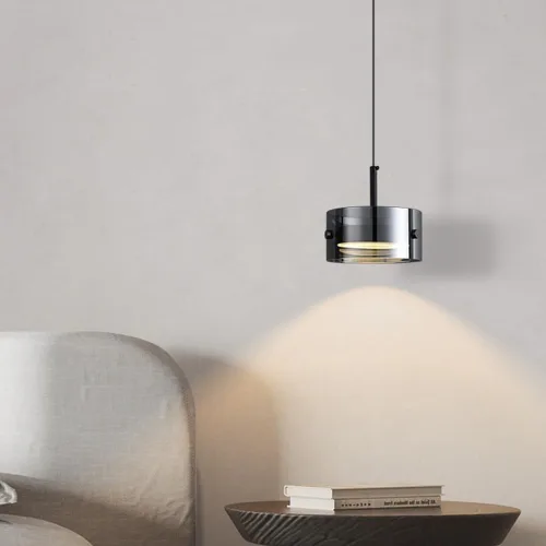 Vista 3 de Modern 2 Pack Cylindrical Pendant Light Fixtures, Nordic 6.3in Smoke Gray Glass Shade Ceiling Hanging Lighting, Dimmable and Adjustable Height