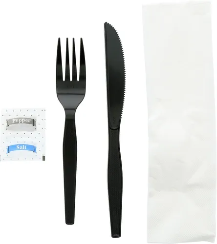 Vista 3 de AmerCare Royal - Juego de cubiertos desechables 5 en 1 de plástico resistente con tenedor, cuchillo, paquetes de sal y pimienta, servilleta de 2