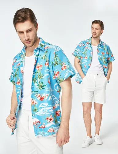 Vista 4 de SSLR Paquete de camisa hawaiana para hombre, camisa de manga corta con flamenco casual con botones, camisa de playa de verano