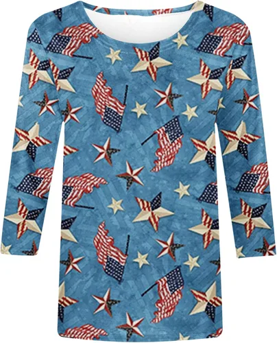 Vista 4 de SHOPESSA Camiseta patriótica de manga 34 para mujer, para el 4 de julio, con la bandera americana, para el 4 de julio