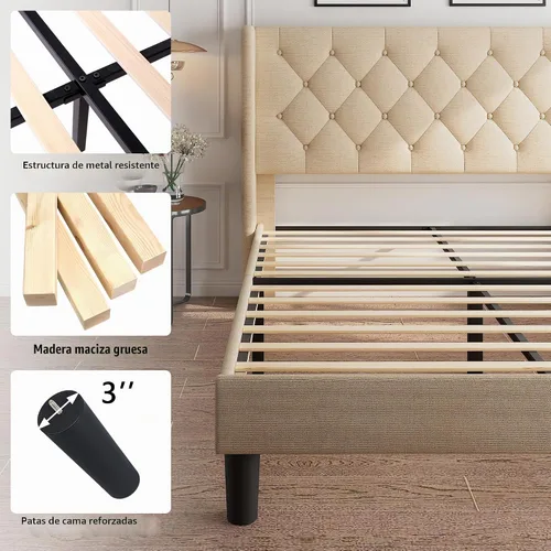 Vista 5 de iPormis - Base de cama tapizada de tamaño completo con cabecera capitonada con botones, base de cama tapizada con listones de madera sólidos, 20 cm