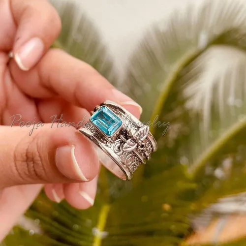 Vista 4 de Blue Topaz Spinner Ring, 925 Silver Jewelry, Handmade Ring For Women, Blue Topaz Gemstone, Fidget Spinner Ring, Unisex Spinner Ring, Tortuga Spinner
