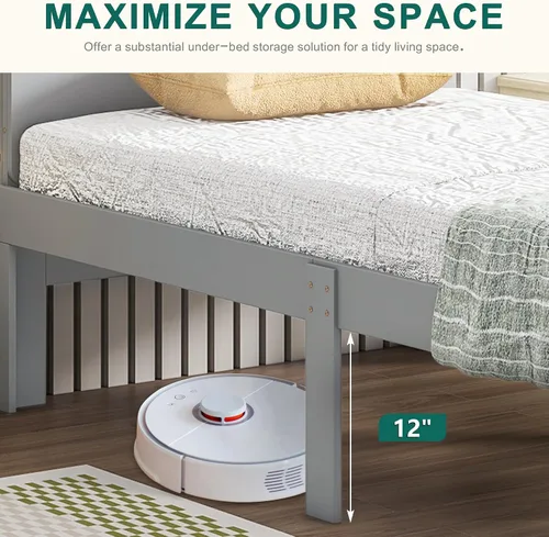 Vista 6 de Dolonm Marco de cama individual para niños con banco de estribo, gris, madera de pino, estilo moderno, no necesita somier