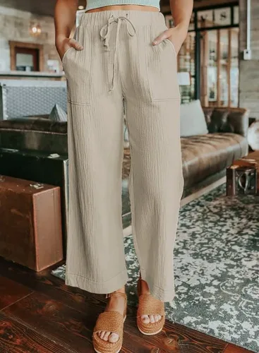 Vista 3 de Dokotoo Pantalones largos de estilo palazzo con bolsillos para mujer, cintura alta, elástica, pierna ancha, holgados, para el trabajo, 2024