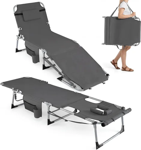 Vista 14 de Giantex Silla bronceadora, silla de playa de 330 libras con 5 posiciones ajustables, agujero para cara y brazo, correa para manos/hombros, almohada