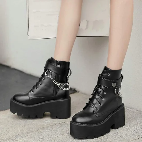 Vista 7 de Parisuit Botines góticos de charol para mujer, con plataforma, tacón alto grueso, con cordones, botas de combate punk, botas cortas