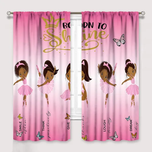 Vista 13 de YCness Cortinas afroamericanas para niños, tratamientos de ventana de niña negra afro para dormitorio, lindas cortinas de bailarina bailarina rosa