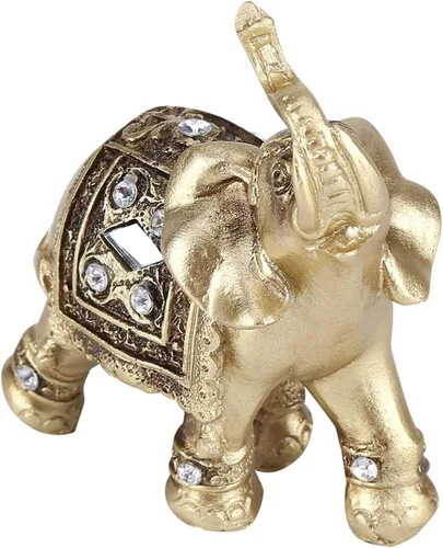 Vista 2 de Elegante estatua dorada de elefante, escultura respetuosa con el medio ambiente, fortuna para regalos de decoración del hogar (9 x 9)