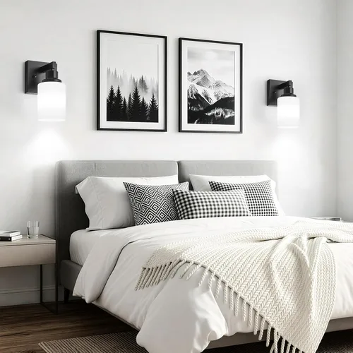 Vista 6 de Juego de 2 apliques de pared para baño, 1 luz negra, apliques de pared modernos para interiores con pantallas de vidrio blanco, lámpara de pared