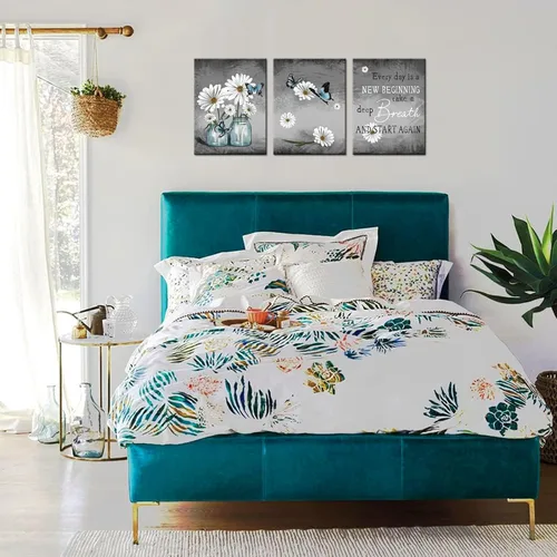 Vista 5 de Biuteawal 3 piezas de arte de pared de margaritas, pintura de flores y mariposas, citas inspiradoras, lienzo impreso, cuadro de arte floral