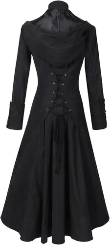 Vista 4 de Homisy Disfraces de Halloween para hombre, chaqueta de capa gótica punk de vapor retro de manga larga con capucha de metal con botones largos, Negro
