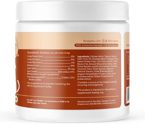 Vista 9 de Fera Pets Probióticos para perros - Salud intestinal de espectro completo, 30 masticables Chewable Probiotic for Dogs with Prebiotics &