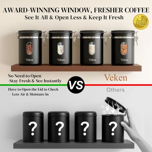 Vista 3 de Veken Recipiente de café con ventana, recipiente hermético de almacenamiento de alimentos de cocina de acero inoxidable con tapas, rastreador