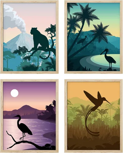 Vista 183 de SIGNWIN Marco de arte de pared de jirafa de safari africano, juego de 4 impresiones coloridas de paisaje, decoración de pared de naturaleza