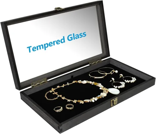 Vista 3 de MOOCA Vitrina de madera para joyas, tapa superior de vidrio templado, vitrina de cuchillo de bolsillo con cierre de metal y almohadilla extraíble