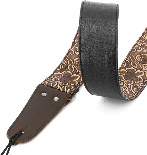 Vista 3 de Correa de guitarra, piel sintética impresa, estilo clásico piel sintética PU, con extremos de piel genuina, para guitarra bajo eléctrico, amplio