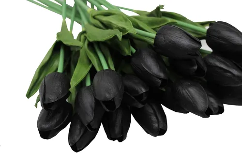 Vista 5 de Flores artificiales, 10 cabezas, mini tulipán artificial de tacto real para decoración del hogar, boda, fiesta, centro de mesa (negro)