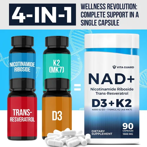 Vista 3 de Suplemento NAD de energía antienvejecimiento - Alternativa NMN con ribósido de nicotinamida 1000 mg, Trans-Resveratrol 300 mg, vitamina D3 4000 UI