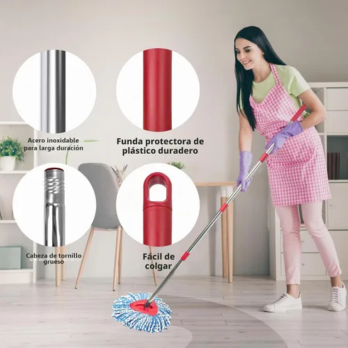 Vista 4 de Juego de repuesto de trapeador giratorio para RinseClean 2 tanques, 2 cabezales + mango + base Microfiber, Washable, Long-lasting, Rust-Resist