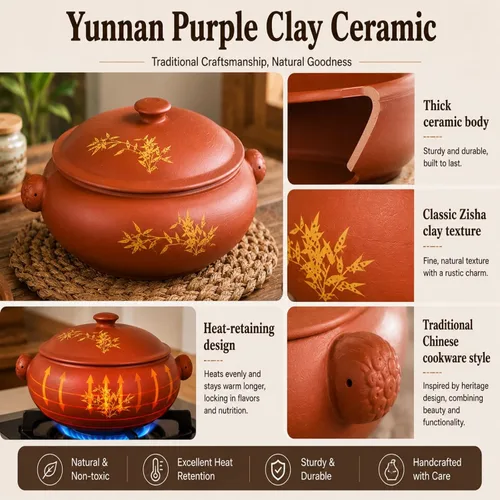 Vista 4 de XICHENGSHIDAI Yunnan Zisha - Olla de vapor de cerámica, olla de vapor de arcilla morada de 1.5 cuartos de galón con tapa, cazuela tradicional