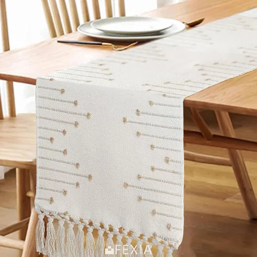 Vista 4 de FEXIA Camino de mesa bohemio para decoración del hogar, 12 x 72 pulgadas, decoración rústica de macramé Beige