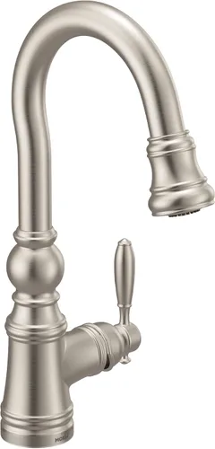 Vista 14 de Moen S53004BG Weymouth Shepherd's Hook Grifo de barra de cocina desplegable con varilla de metal con limpieza eléctrica, oro cepillado