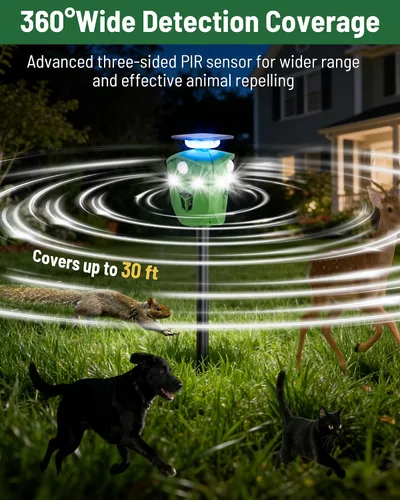 Vista 9 de Repelente solar de animales de 360° para patio y jardín, sin sensor de movimiento de punto ciego para mantener alejados a ciervos, mapaches y gatos