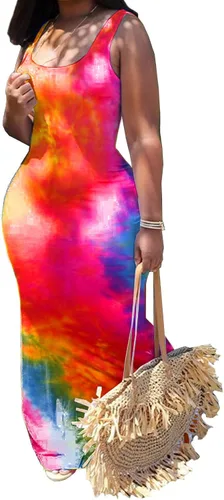 Vista 3 de LAJIOJIO Vestido largo sin mangas para mujer, sin mangas, liso, casual, fruncido, bodycon