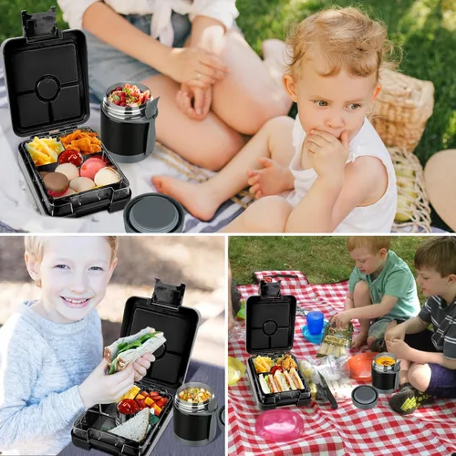 Vista 7 de Lonchera Bento para niños con termo de sopa de 10 onzas, recipientes de almuerzo a prueba de fugas con 4 compartimentos, tarro térmico para Negro