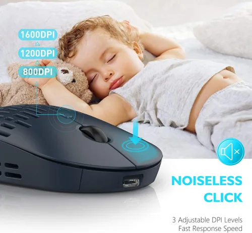 Vista 3 de RAPIQUE Ratón inalámbrico Bluetooth, mouse Bluetooth silencioso recargable de modo dual con receptor tipo C 2.4G para laptop, iMac, Chromebook, Azul