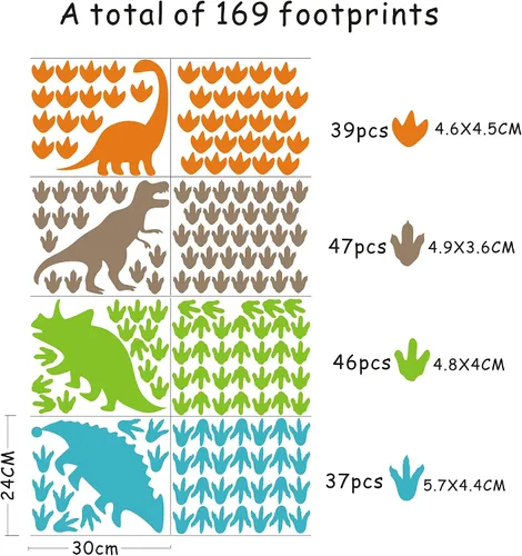 Vista 5 de Calcomanías de pared de dinosaurios, huellas de dinosaurios, calcomanías de pared de vinilo mate, decoración de pared para niños y bebés