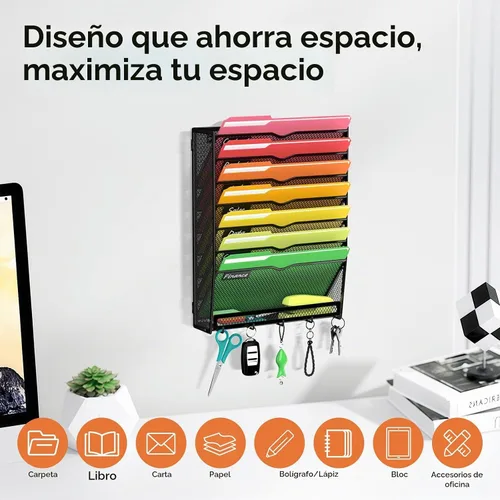 Vista 4 de Organizador de archivos de pared de 8 niveles con gancho Negro