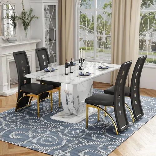 Vista 10 de Moderno juego de mesa de comedor de mármol sintético para 4, mesa de cocina rectangular blanca de 63 pulgadas con elegante base de pedestal
