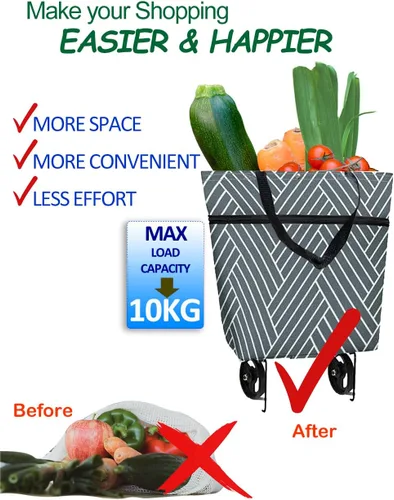 Vista 7 de Carrito de comestibles plegable con ruedas, práctico carrito de compras para comestibles (rayas grises)